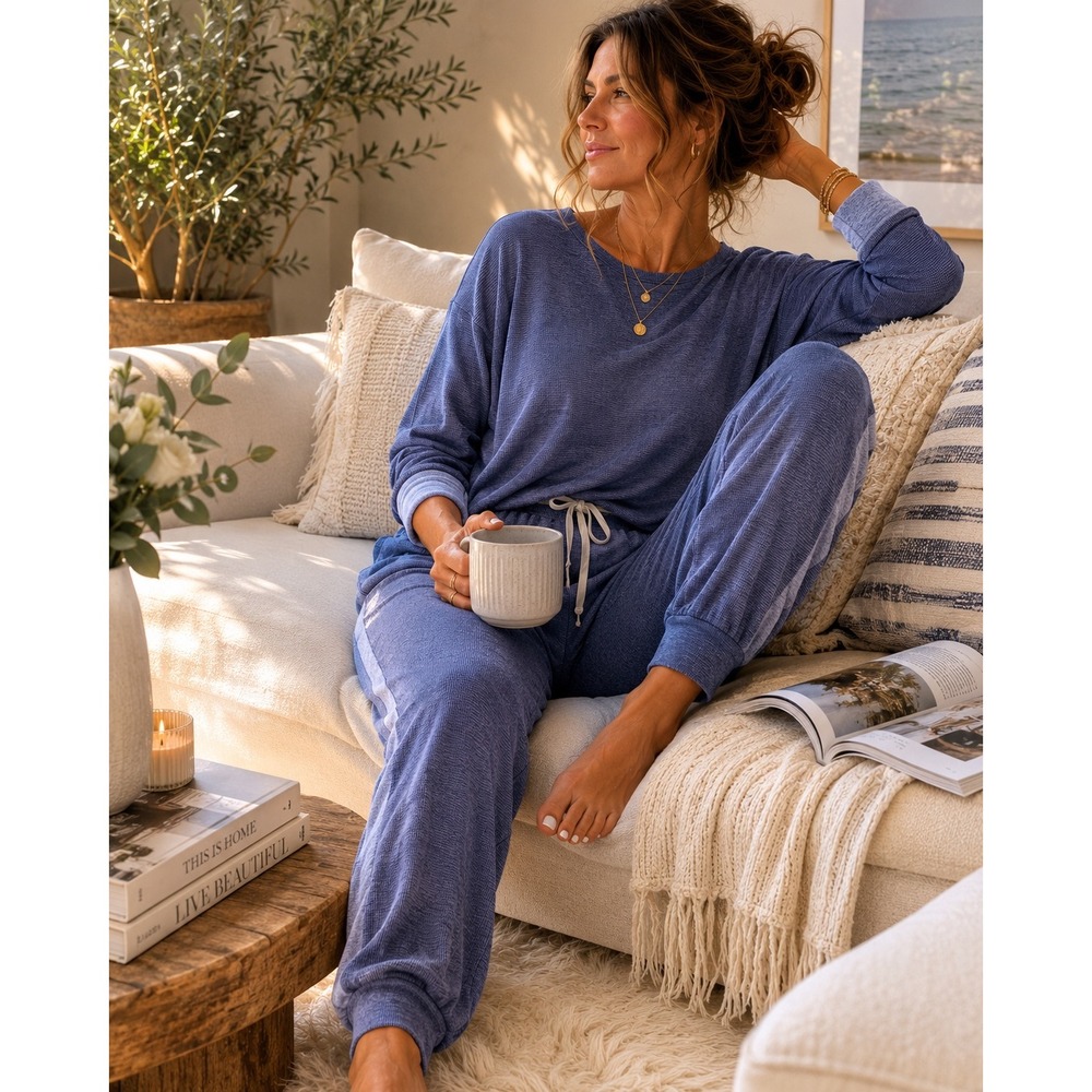 Johnny Was Calme ‎ 2 Piece Lounge Set Blue Heathered Dolman Top Joggers Size S